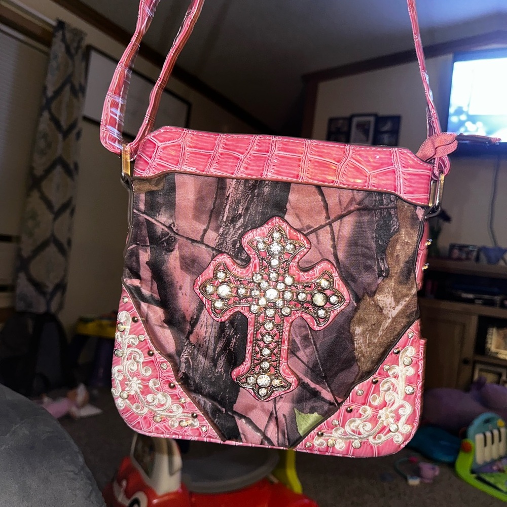 Pink Crossbody Bag with Embellished Cross